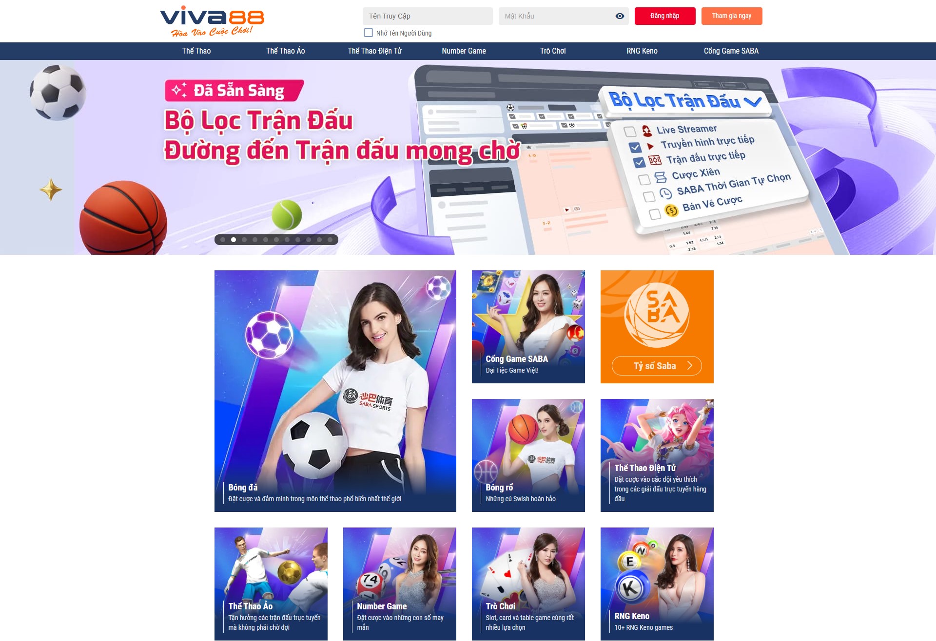 Giao diện trang chủ nhà cái Viva88