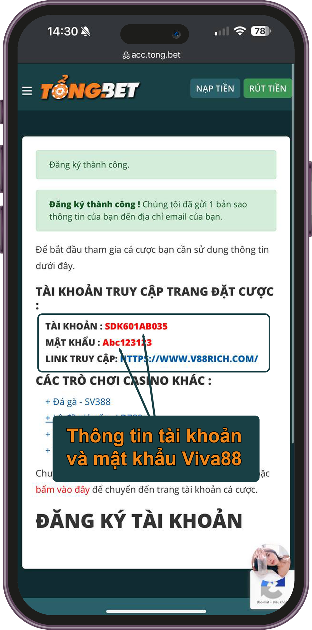 Thông tin tài khoản Viva88